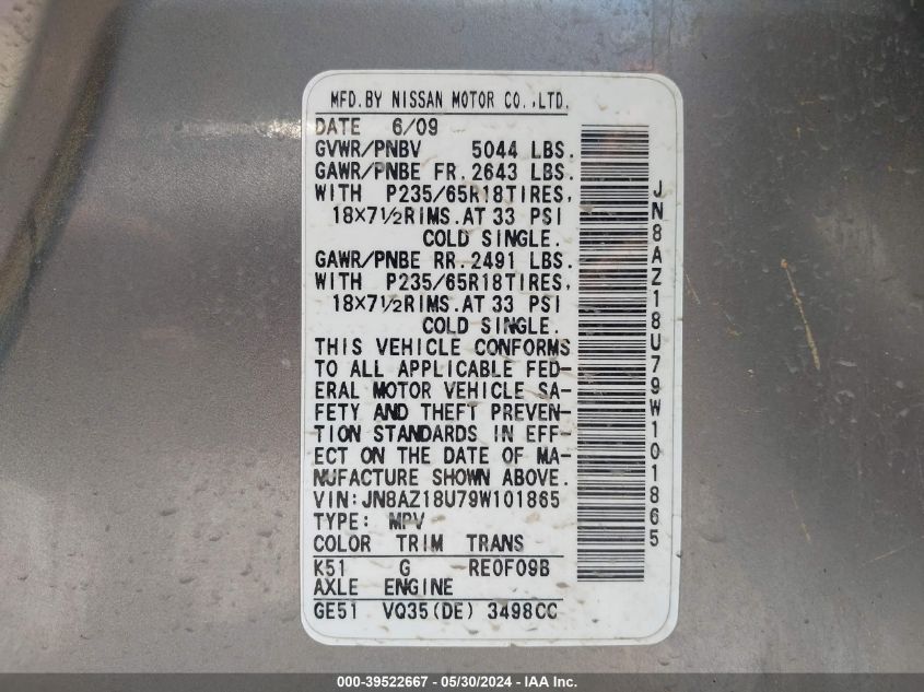 2009 Nissan Murano Sl VIN: JN8AZ18U79W101865 Lot: 39522667