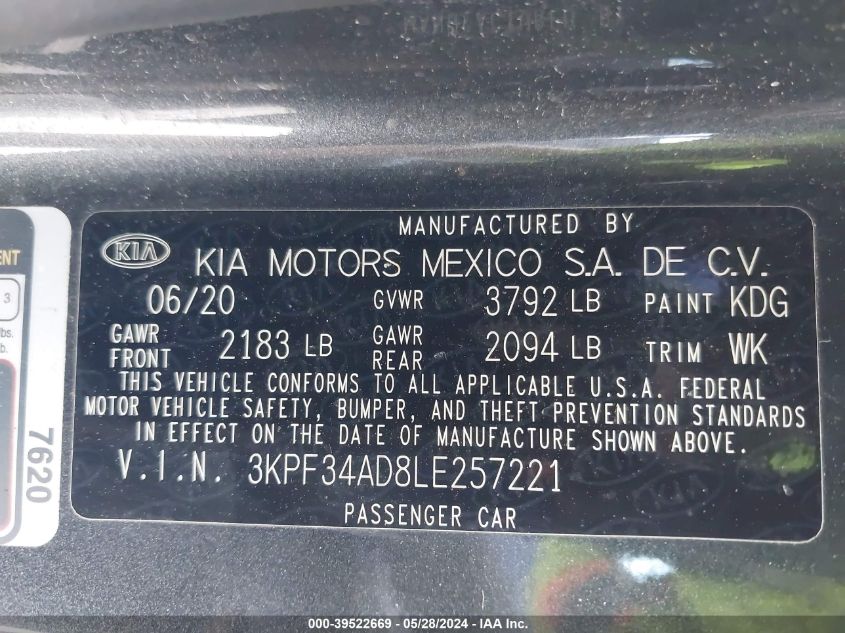 2020 Kia Forte Gt-Line VIN: 3KPF34AD8LE257221 Lot: 39522669