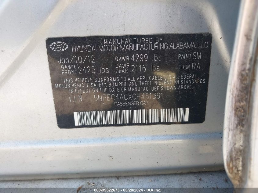 5NPEC4ACXCH451361 | 2012 HYUNDAI SONATA