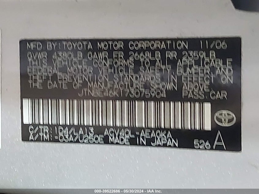 2007 Toyota Camry Xle VIN: JTNBE46K173075904 Lot: 39522686