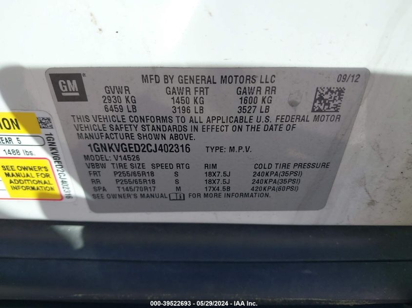 2012 Chevrolet Traverse 1Lt VIN: 1GNKVGED2CJ402316 Lot: 39522693