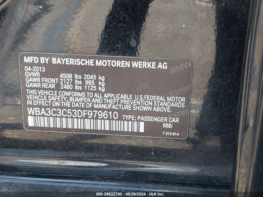 2013 BMW 320I xDrive VIN: WBA3C3C53DF979610 Lot: 39522700