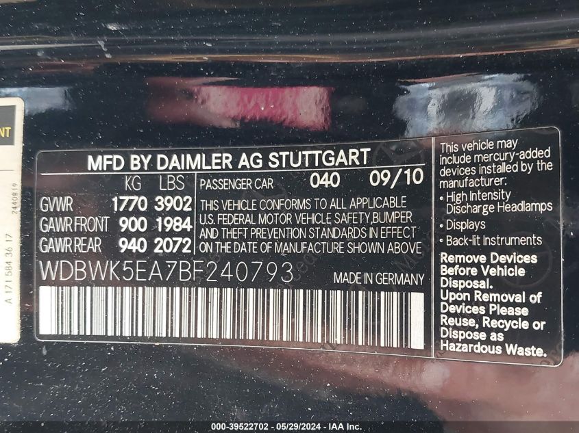 2011 Mercedes-Benz Slk 300 VIN: WDBWK5EA7BF240793 Lot: 39522702