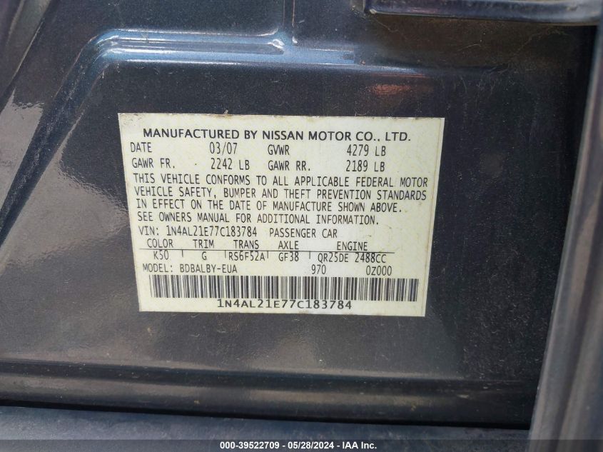 2007 Nissan Altima 2.5 S VIN: 1N4AL21E77C183784 Lot: 39522709