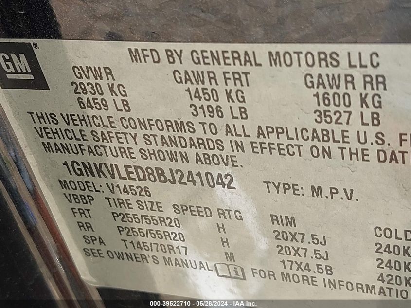 2011 Chevrolet Traverse Ltz VIN: 1GNKVLED8BJ241042 Lot: 39522710