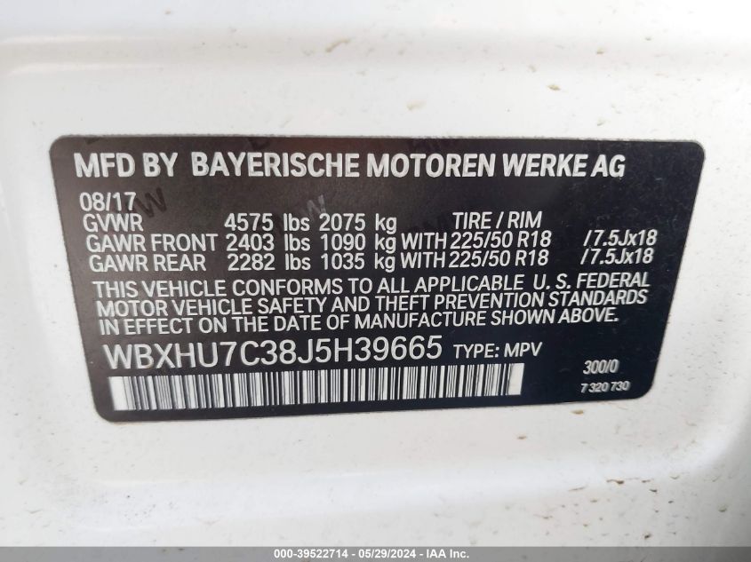 2018 BMW X1 Sdrive28I VIN: WBXHU7C38J5H39665 Lot: 39522714
