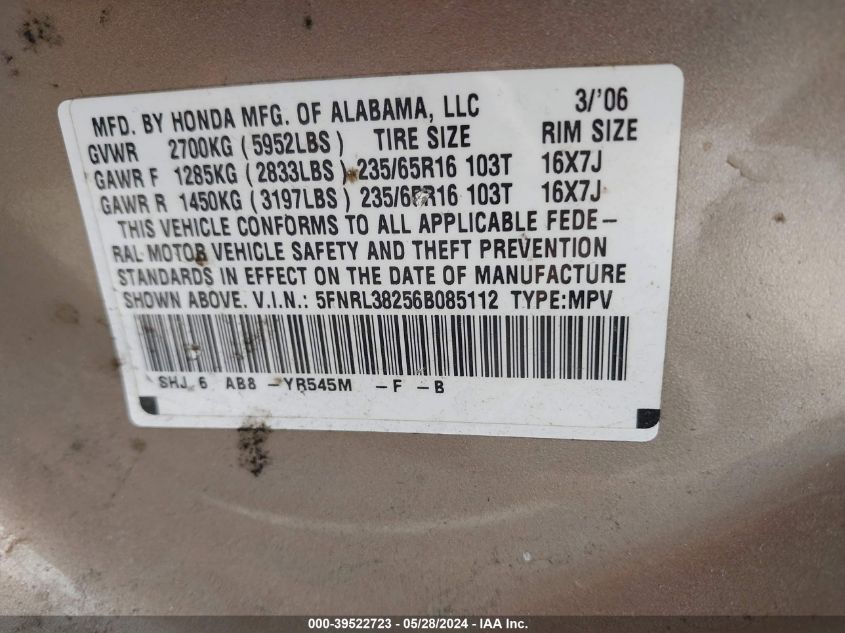 2006 Honda Odyssey Lx VIN: 5FNRL38256B085112 Lot: 39522723