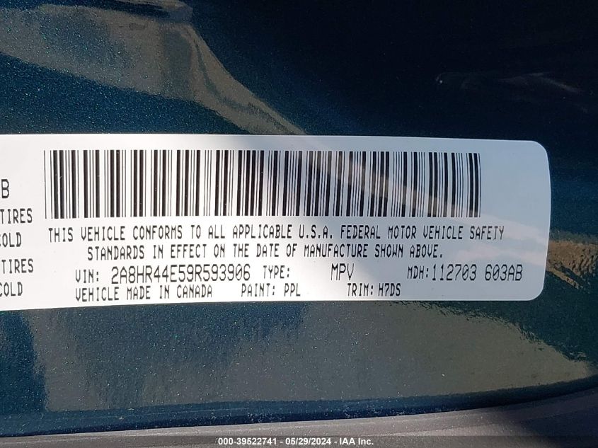 2009 Chrysler Town & Country Lx VIN: 2A8HR44E59R593906 Lot: 39522741