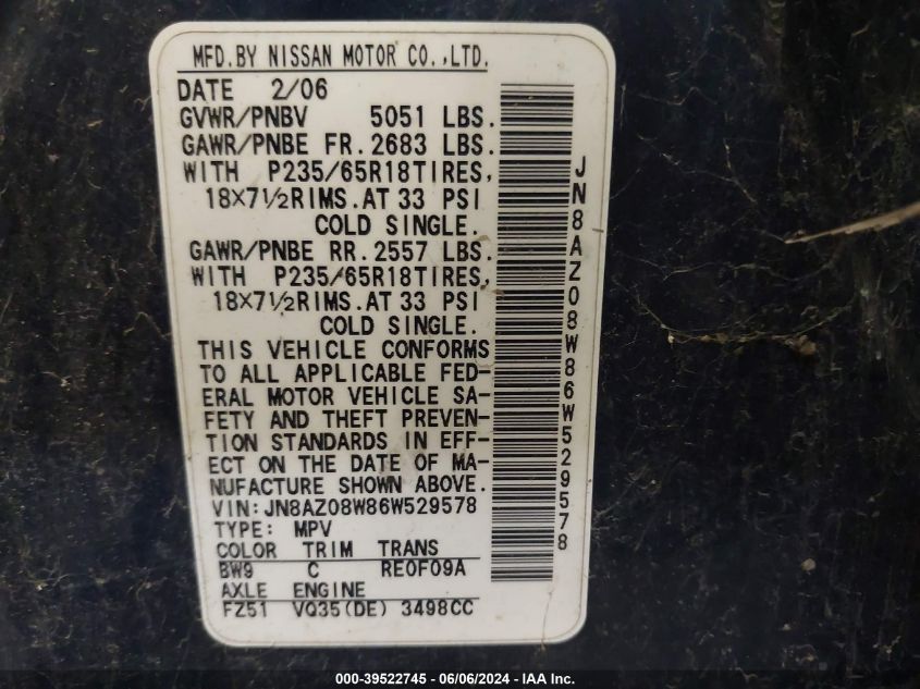 2006 Nissan Murano Sl/Se/S VIN: JN8AZ08W86W529578 Lot: 39522745