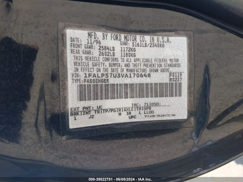 1997 Ford Taurus Gl VIN: 1FALP57U3VA170648 Lot: 39522751