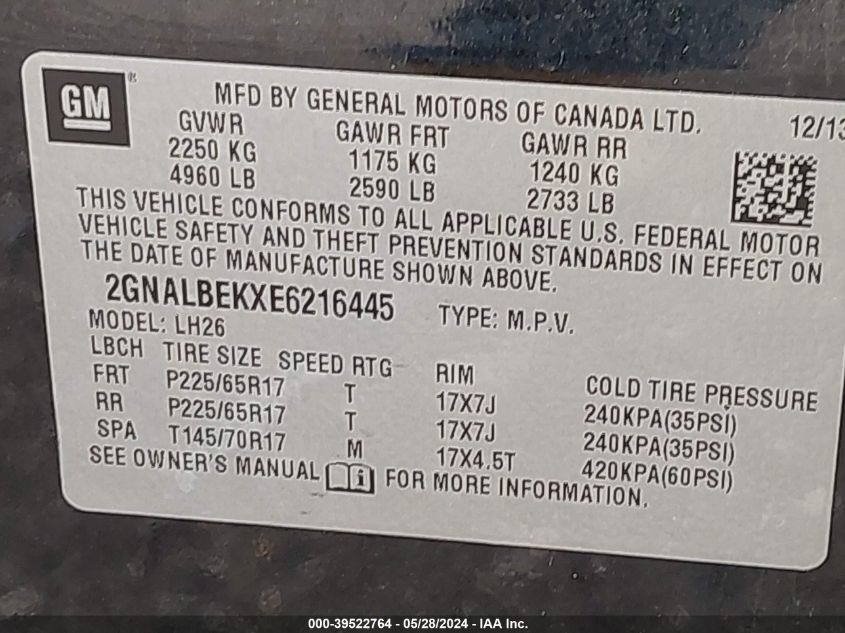 2014 Chevrolet Equinox 1Lt VIN: 2GNALBEKXE6216445 Lot: 39522764