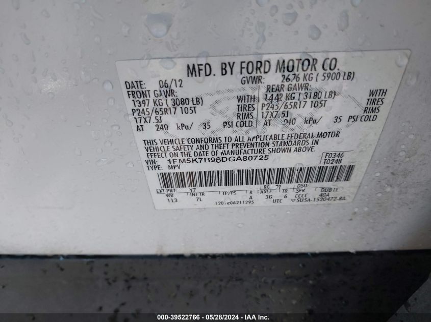 2013 Ford Explorer VIN: 1FM5K7B96DGA80725 Lot: 39522766