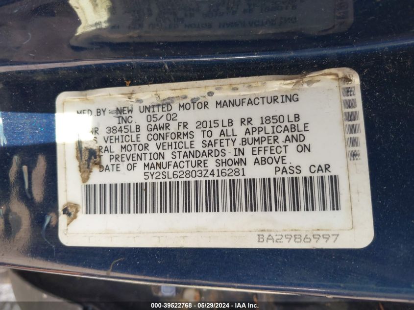 2003 Pontiac Vibe VIN: 5Y2SL62803Z416281 Lot: 39522768
