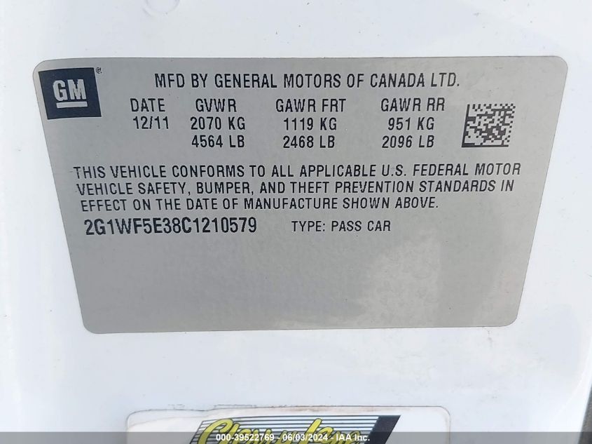 2012 Chevrolet Impala Ls VIN: 2G1WF5E38C1210579 Lot: 39522769