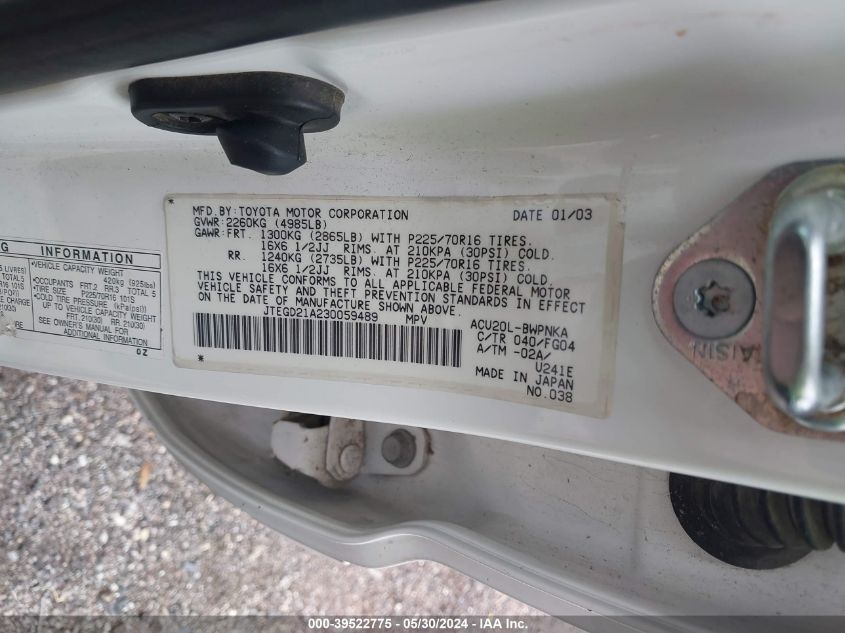 2003 Toyota Highlander VIN: JTEGD21A230059489 Lot: 39522775