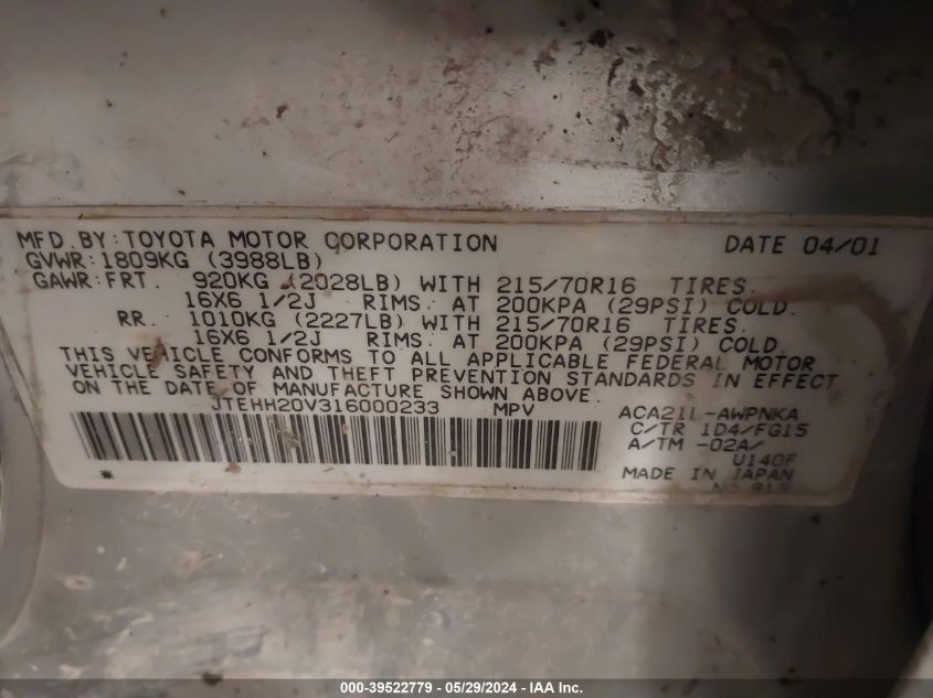 2001 Toyota Rav4 VIN: JTEHH20V316000233 Lot: 39522779