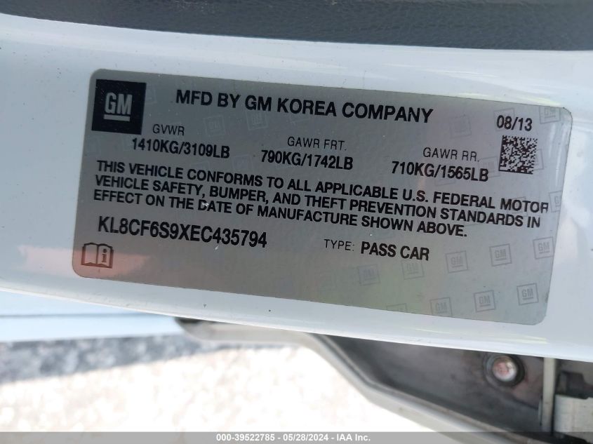 2014 Chevrolet Spark 2Lt Auto VIN: KL8CF6S9XEC435794 Lot: 39522785