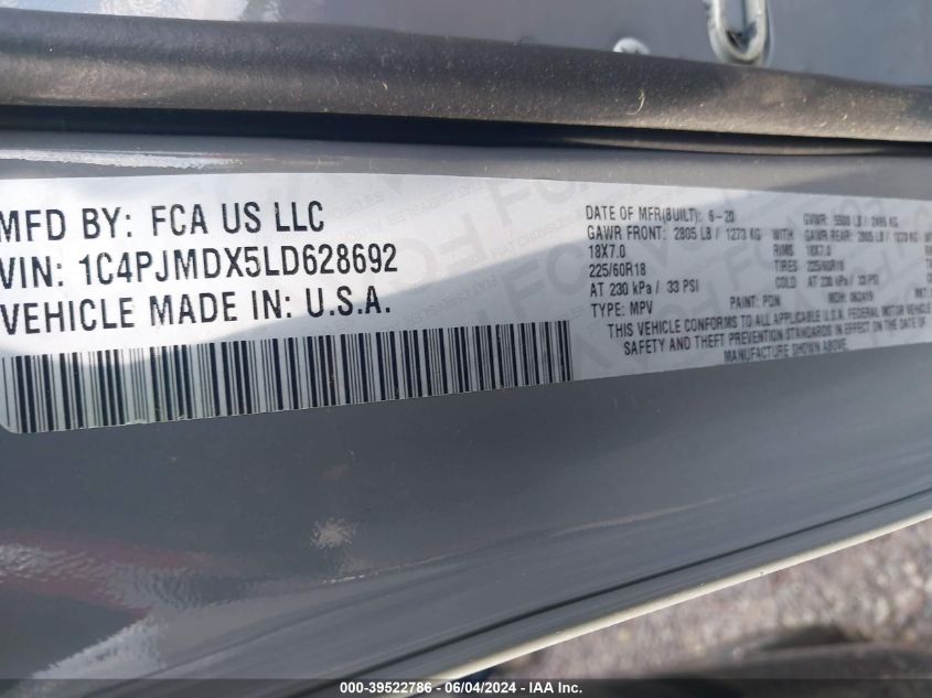 2020 Jeep Cherokee Limited 4X4 VIN: 1C4PJMDX5LD628692 Lot: 39522786