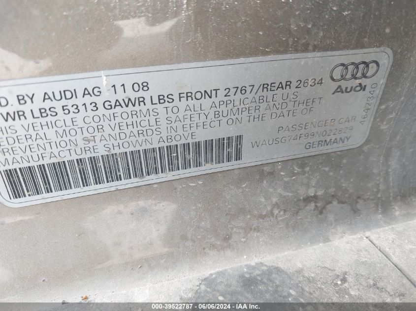 2009 Audi A6 3.0 Premium VIN: WAUSG74F99N022829 Lot: 39522787