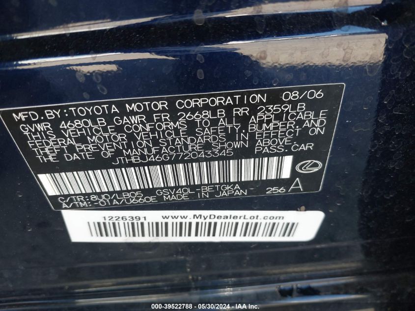 2007 Lexus Es 350 VIN: JTHBJ46G772043345 Lot: 39522788