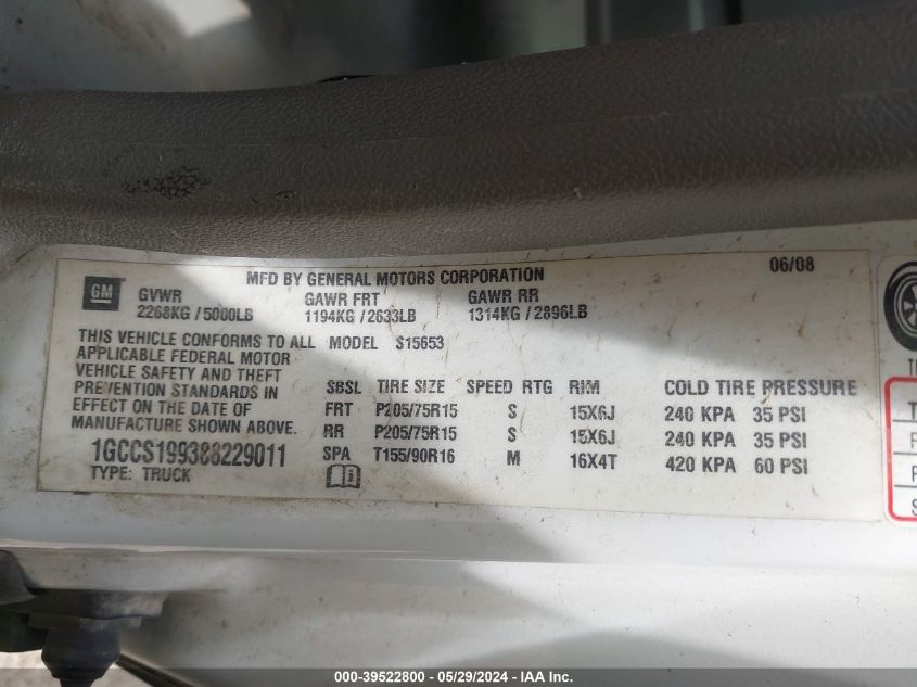 2008 Chevrolet Colorado Work Truck VIN: 1GCCS199388229011 Lot: 39522800