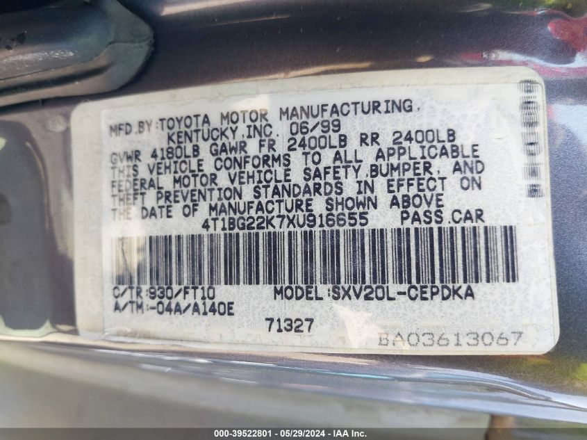 1999 Toyota Camry Ce VIN: 4T1BG22K7XU916655 Lot: 39522801