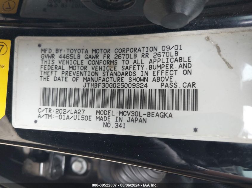 2002 Lexus Es 300 VIN: JTHBF30G025009324 Lot: 39522807