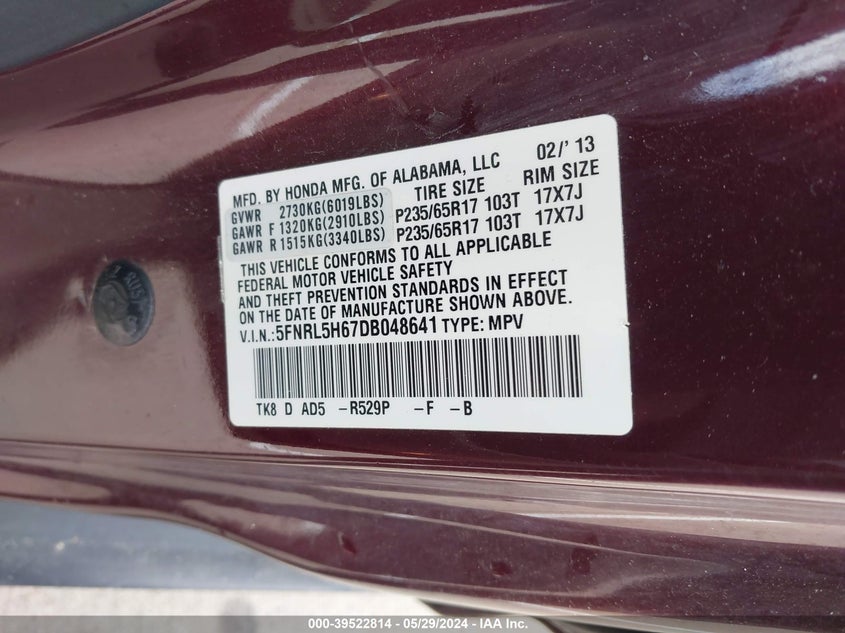 2013 Honda Odyssey Ex-L VIN: 5FNRL5H67DB048641 Lot: 39522814