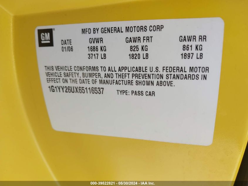 2006 Chevrolet Corvette VIN: 1G1YY26UX65116537 Lot: 39522821