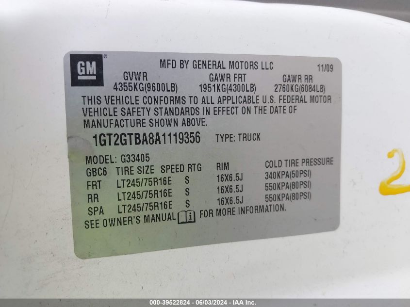 2010 GMC Savana 3500 Work Van VIN: 1GT2GTBA8A1119356 Lot: 39522824