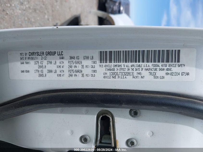 2012 Ram 1500 Laramie VIN: 1C6RD6JT3CS228131 Lot: 39522835