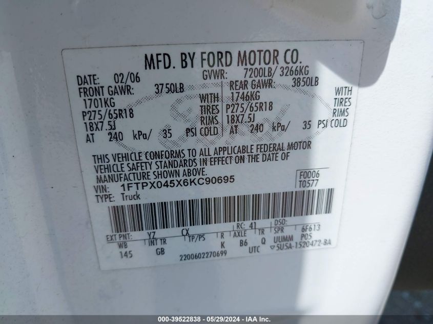 2006 Ford F-150 Fx4/Xlt VIN: 1FTPX045X6KC90695 Lot: 39522838