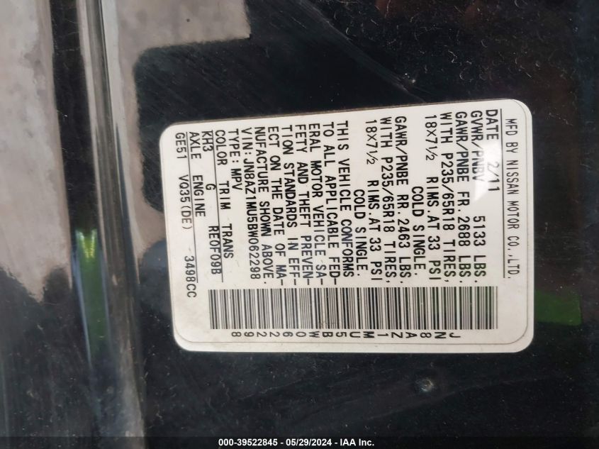 2011 Nissan Murano Sl VIN: JN8AZ1MU5BW062298 Lot: 39522845