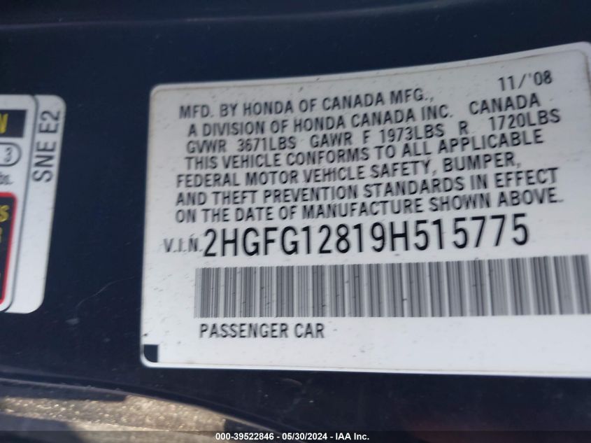 2009 Honda Civic Ex VIN: 2HGFG12819H515775 Lot: 39522846