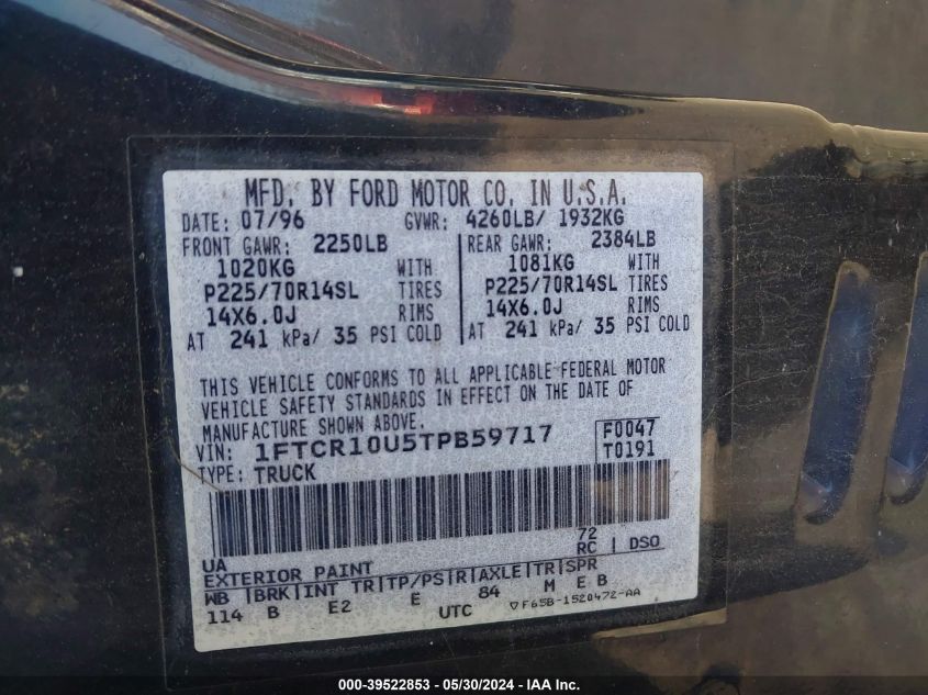 1996 Ford Ranger VIN: 1FTCR10U5TPB59717 Lot: 39522853