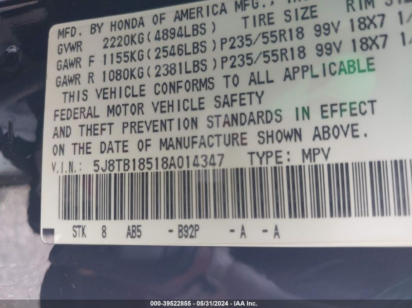 2008 Acura Rdx VIN: 5J8TB18518A014347 Lot: 39522855