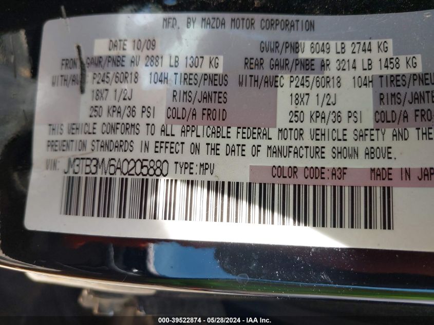 2010 Mazda Cx-9 Sport VIN: JM3TB3MV6A0205880 Lot: 39522874