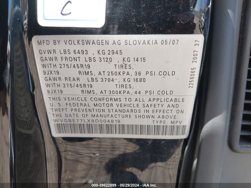 2008 Volkswagen Touareg 2 Vr6 Fsi VIN: WVGBE77LX8D004818 Lot: 39522899