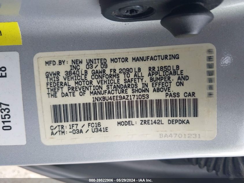 2010 Toyota Corolla Le VIN: 1NXBU4EE9AZ171053 Lot: 39522906