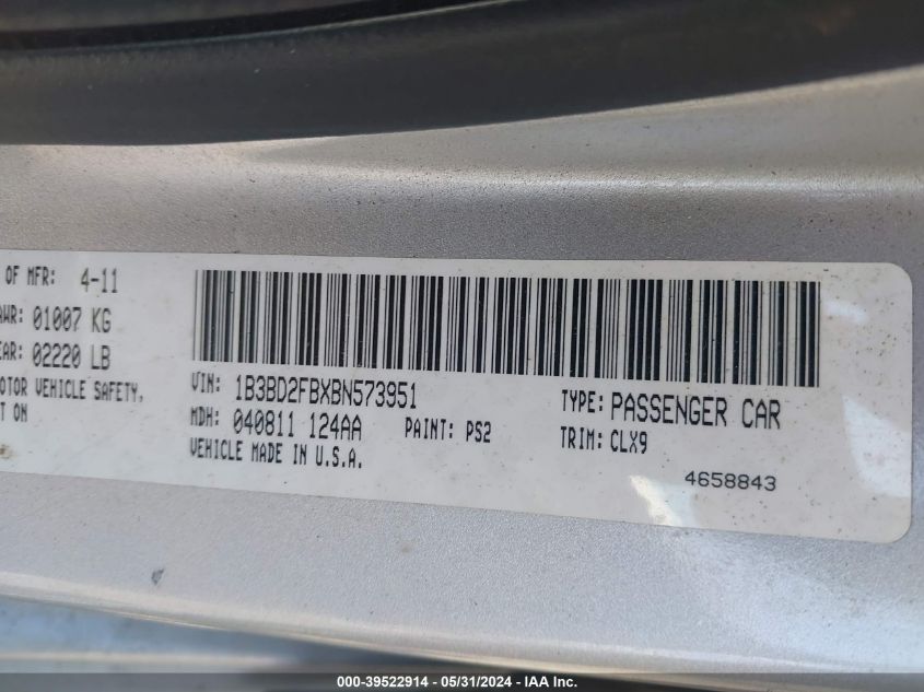 2011 Dodge Avenger Lux VIN: 1B3BD2FBXBN573951 Lot: 39522914