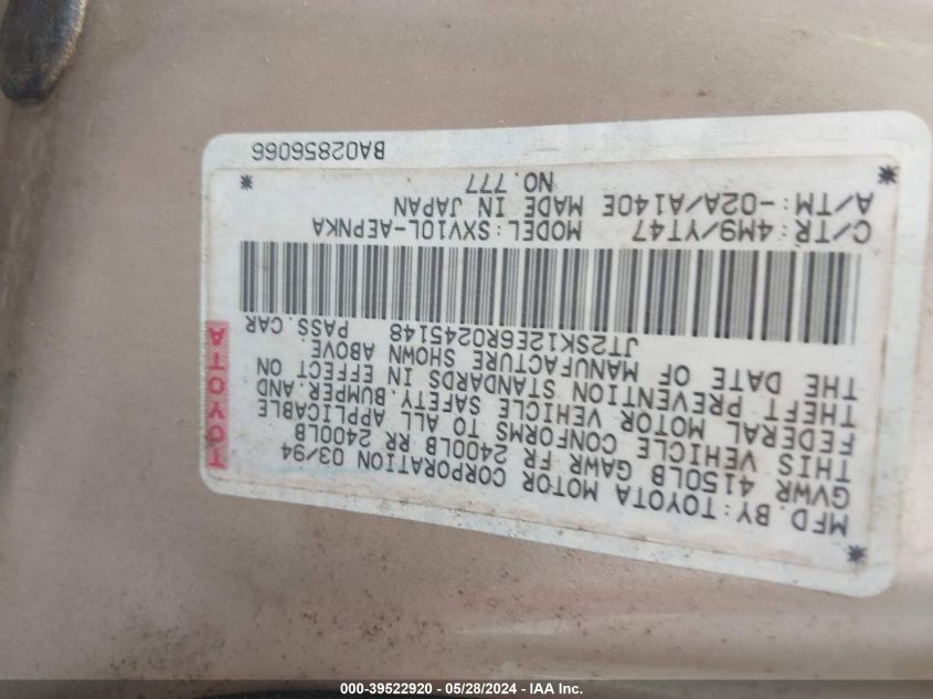 1994 Toyota Camry Le VIN: JT2SK12E6R0245148 Lot: 39522920