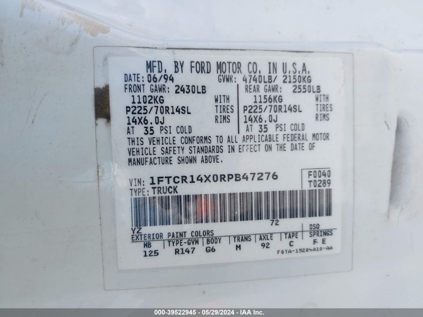1994 Ford Ranger Super Cab VIN: 1FTCR14X0RPB47276 Lot: 39522945