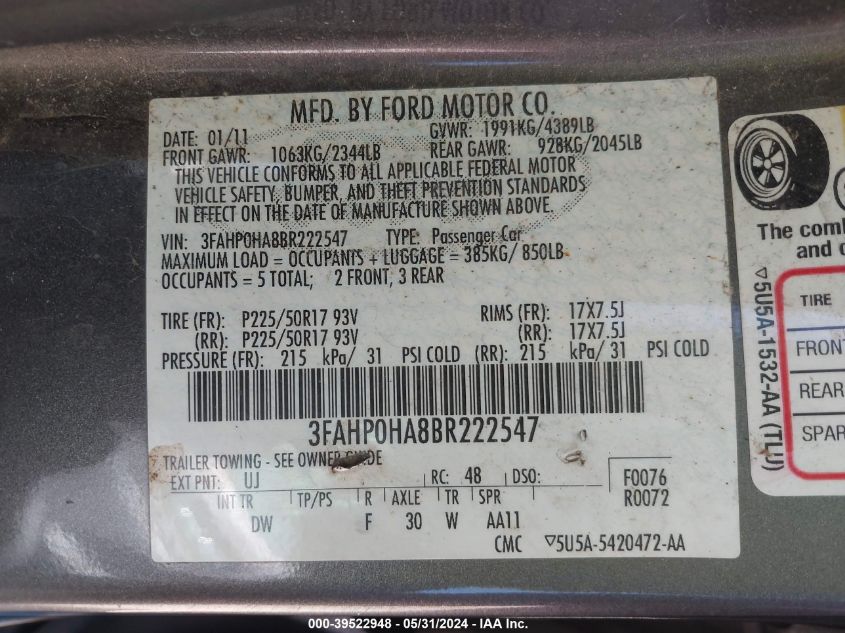 2011 Ford Fusion Se VIN: 3FAHP0HA8BR222547 Lot: 39522948