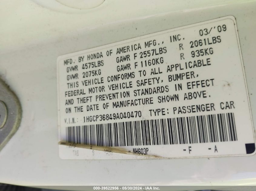 2009 Honda Accord 3.5 Ex-L VIN: 1HGCP36849A040470 Lot: 39522956