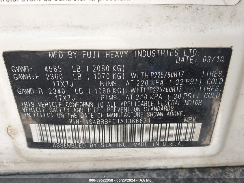 2010 Subaru Outback 2.5I Premium VIN: 4S4BRBFC1A3366671 Lot: 39522958