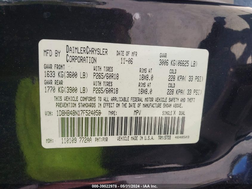 2007 Dodge Durango Slt VIN: 1D8HB48N17F524058 Lot: 39522978