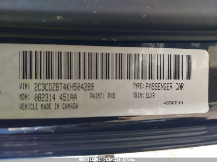 2019 Dodge Challenger R/T VIN: 2C3CDZBT4KH504289 Lot: 39522982