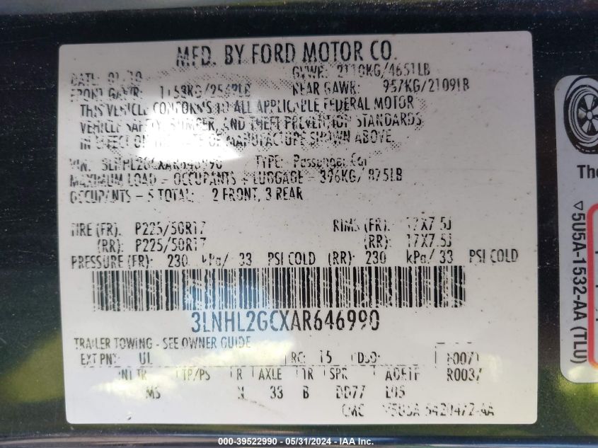 2010 Lincoln Mkz VIN: 3LNHL2GCXAR646990 Lot: 39522990