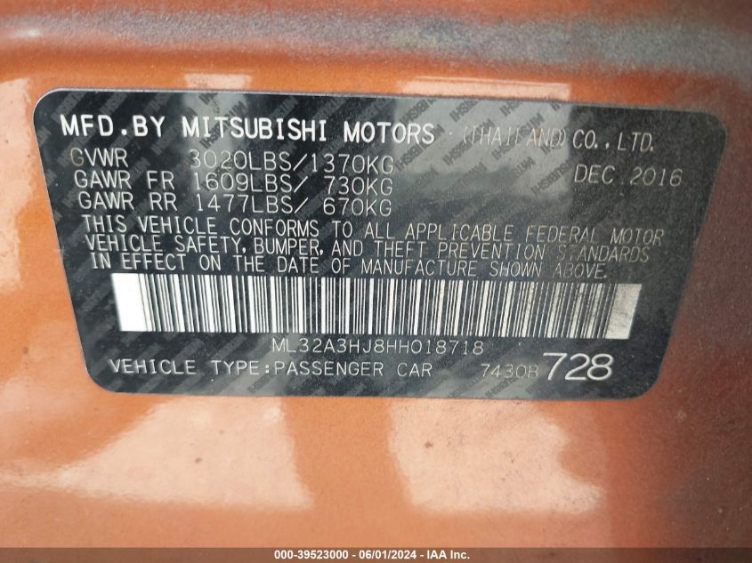 2017 Mitsubishi Mirage Es VIN: ML32A3HJ8HH018718 Lot: 39523000