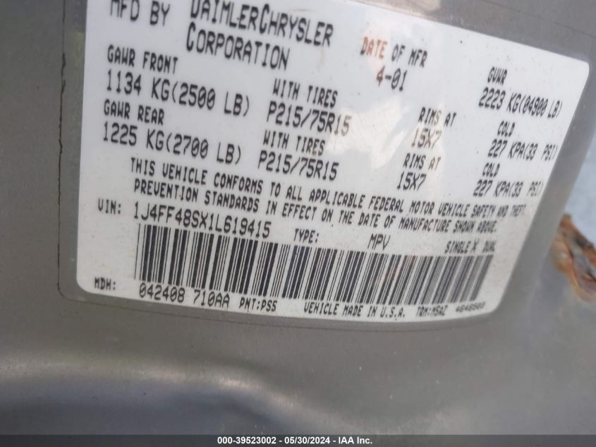2001 Jeep Cherokee Sport VIN: 1J4FF48SX1L619415 Lot: 39523002